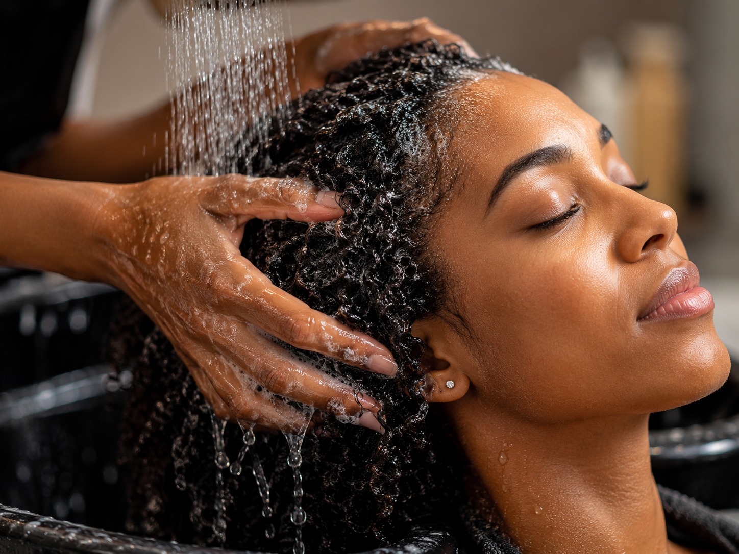 Naturally curly hair being washed under running water